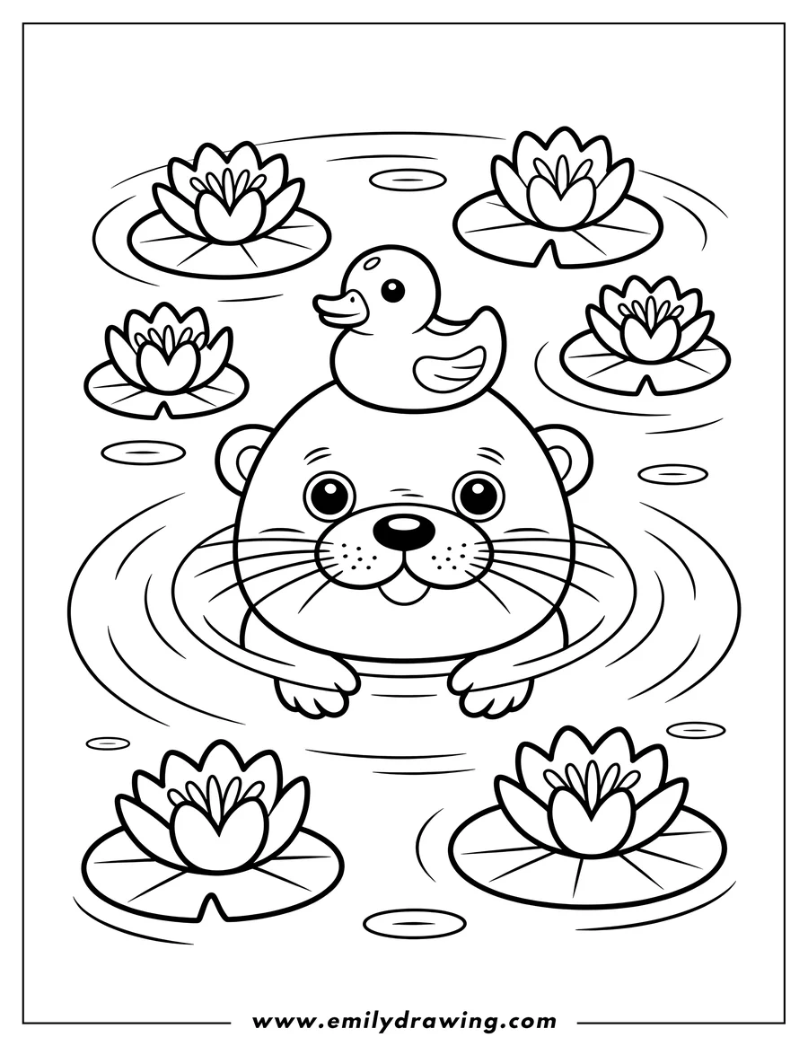 Outline of a cute otter swimming among lily pads with a rubber duck on its head.