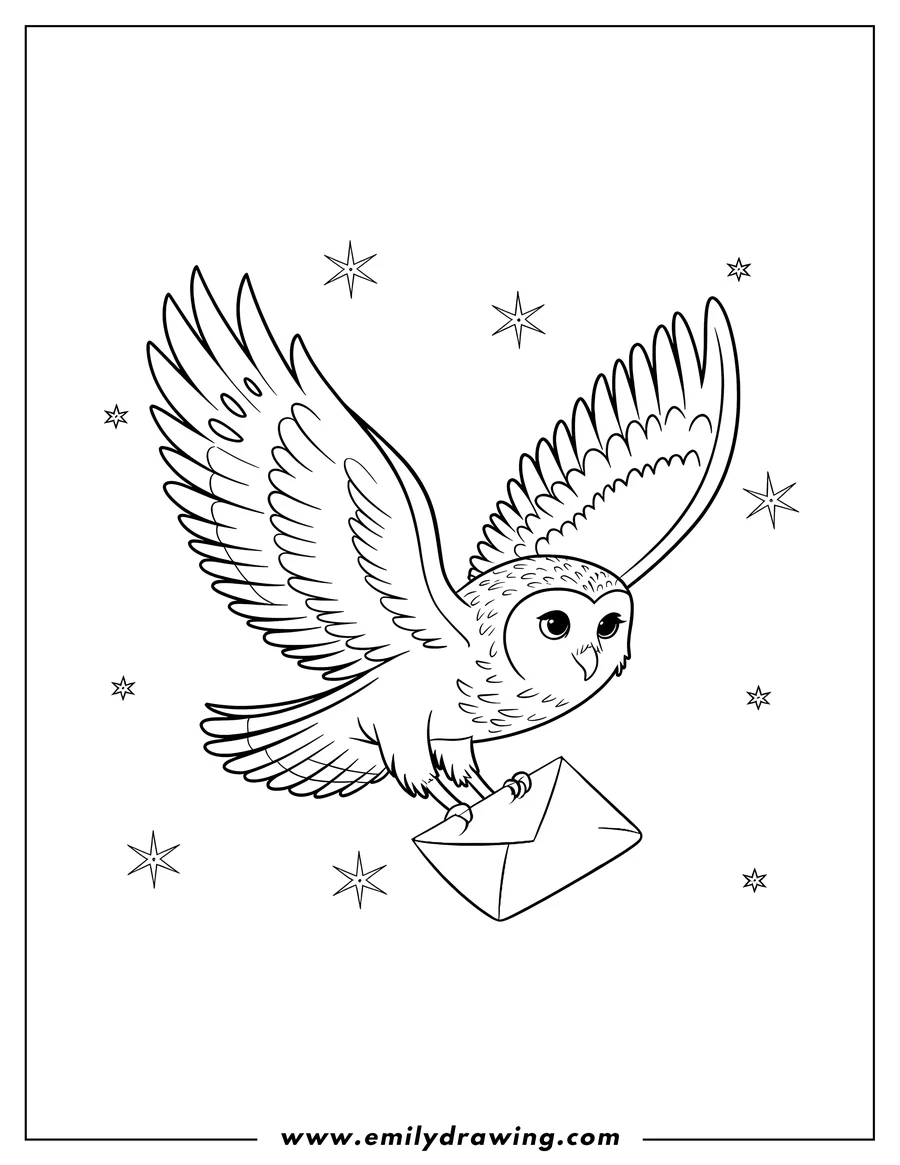 Outline of an owl in flight carrying an envelope, surrounded by small stars.