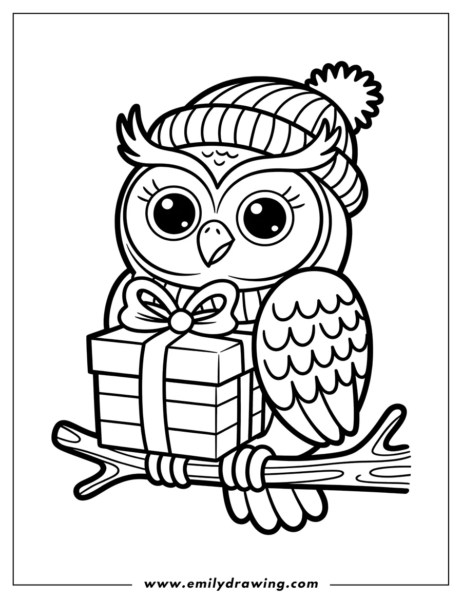 Line art of an owl wearing a striped winter hat, perched on a branch and holding a wrapped present tied with a bow.