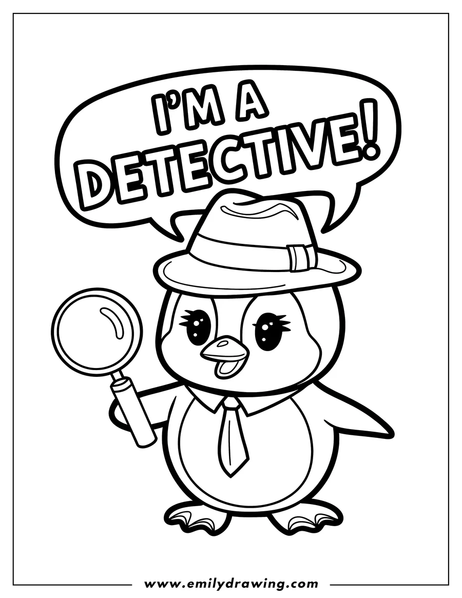 Line art of a penguin dressed as a detective, wearing a hat and tie and holding a magnifying glass. A speech bubble says 