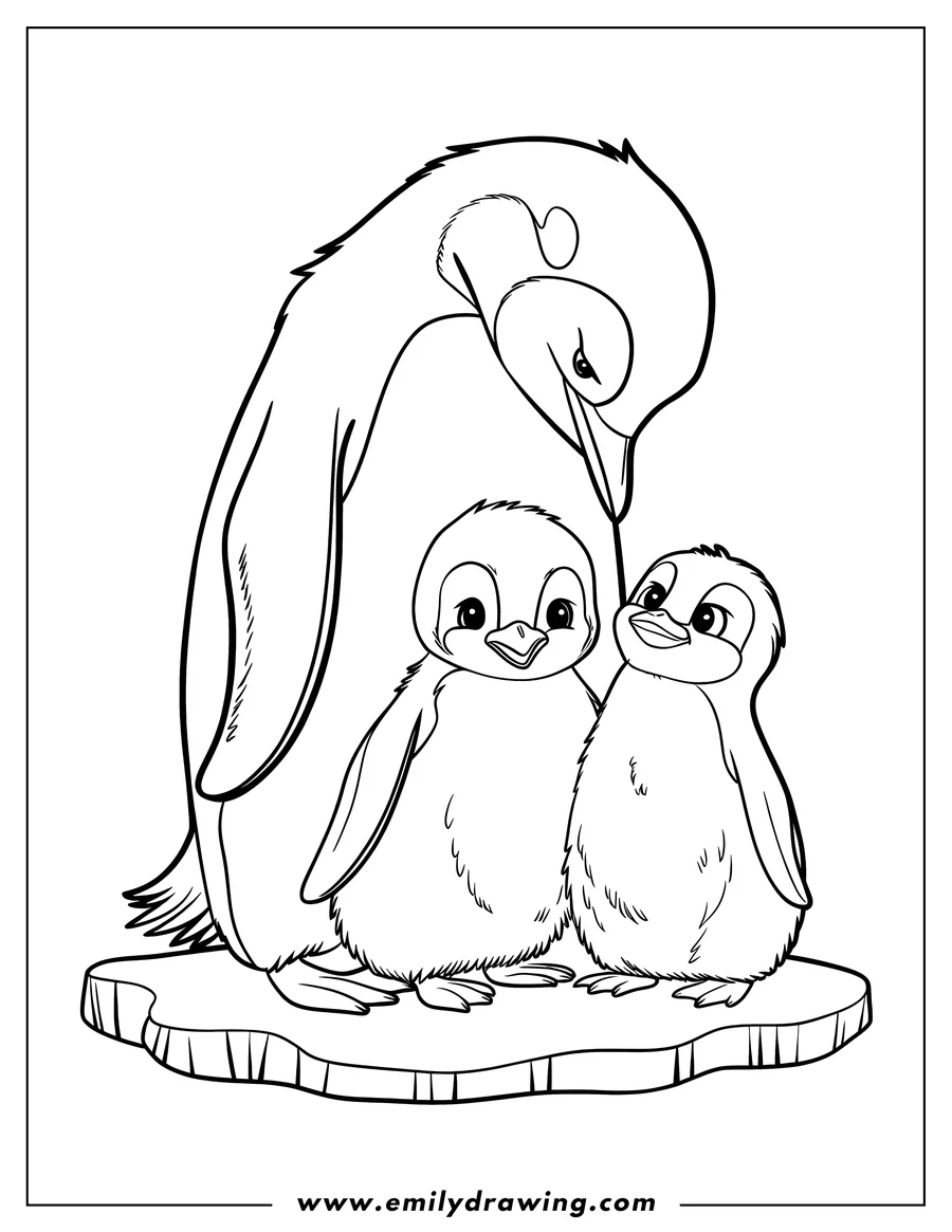 Line art of a penguin family standing on an ice floe. Two fluffy baby penguins stand near their parent.  The parent penguin looks down at the babies.