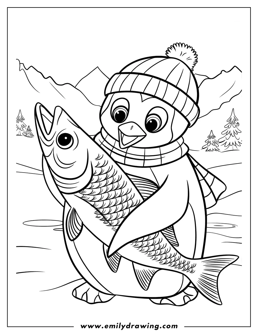 Line art of a penguin wearing a winter hat and scarf, holding a large fish.  There are mountains and pine trees in the background.