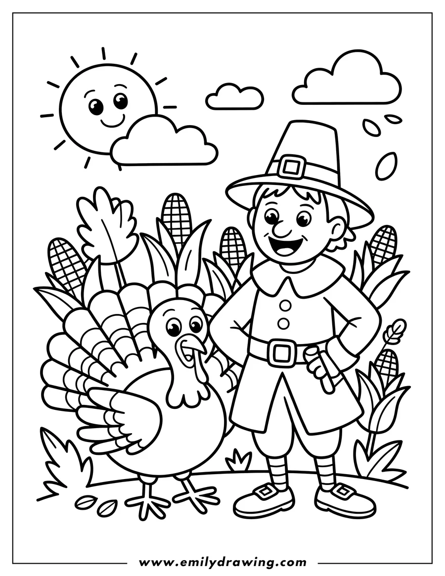 Line art of a Pilgrim and a Turkey standing together in a field, with corn stalks, leaves, and a smiling sun in the background. Perfect for a Thanksgiving coloring activity.