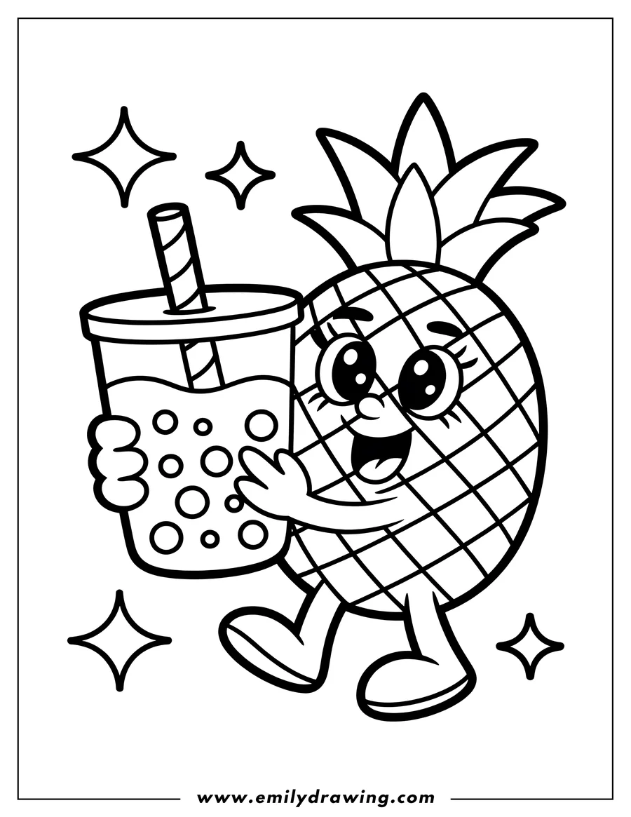 Outline of a cheerful pineapple holding a boba drink with a striped straw.  Sparkles surround the pineapple.