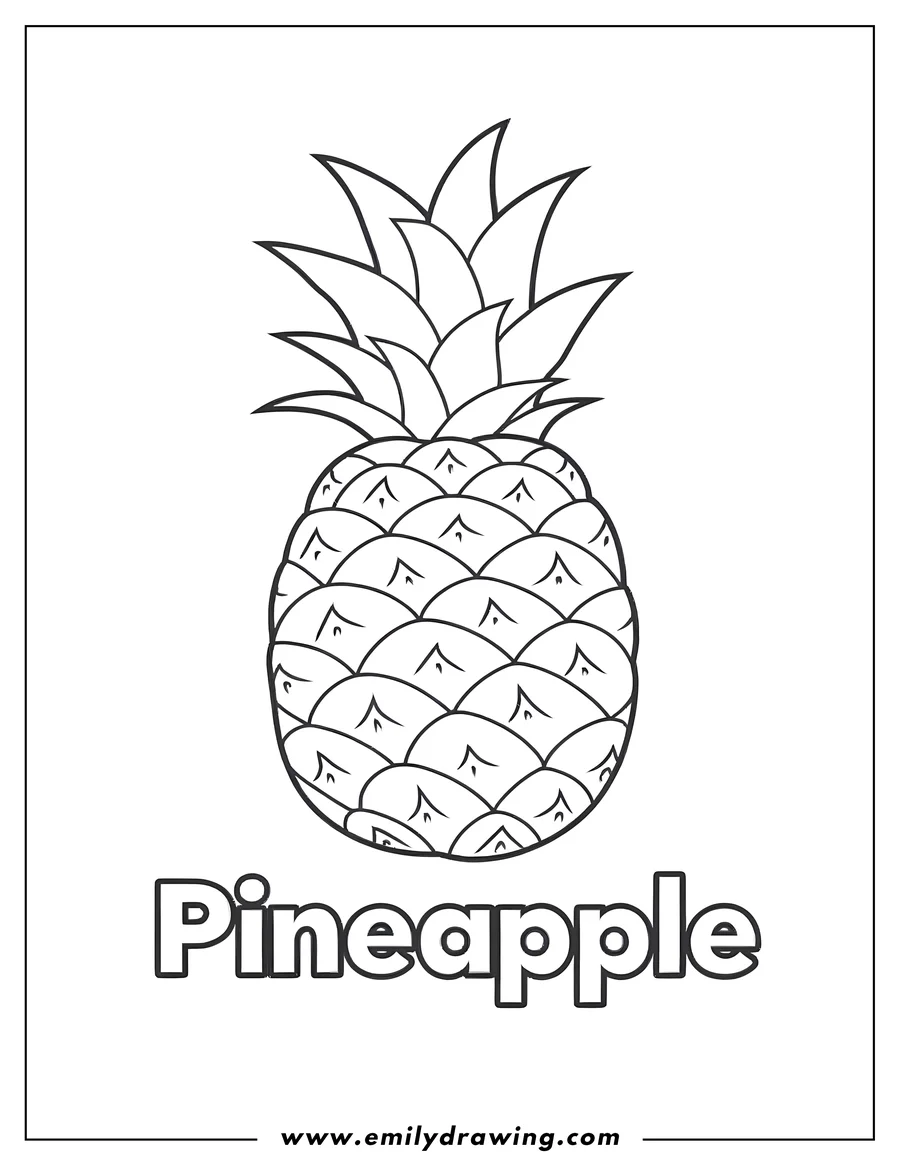 Line art of a pineapple with distinct spiky leaves and textured skin.