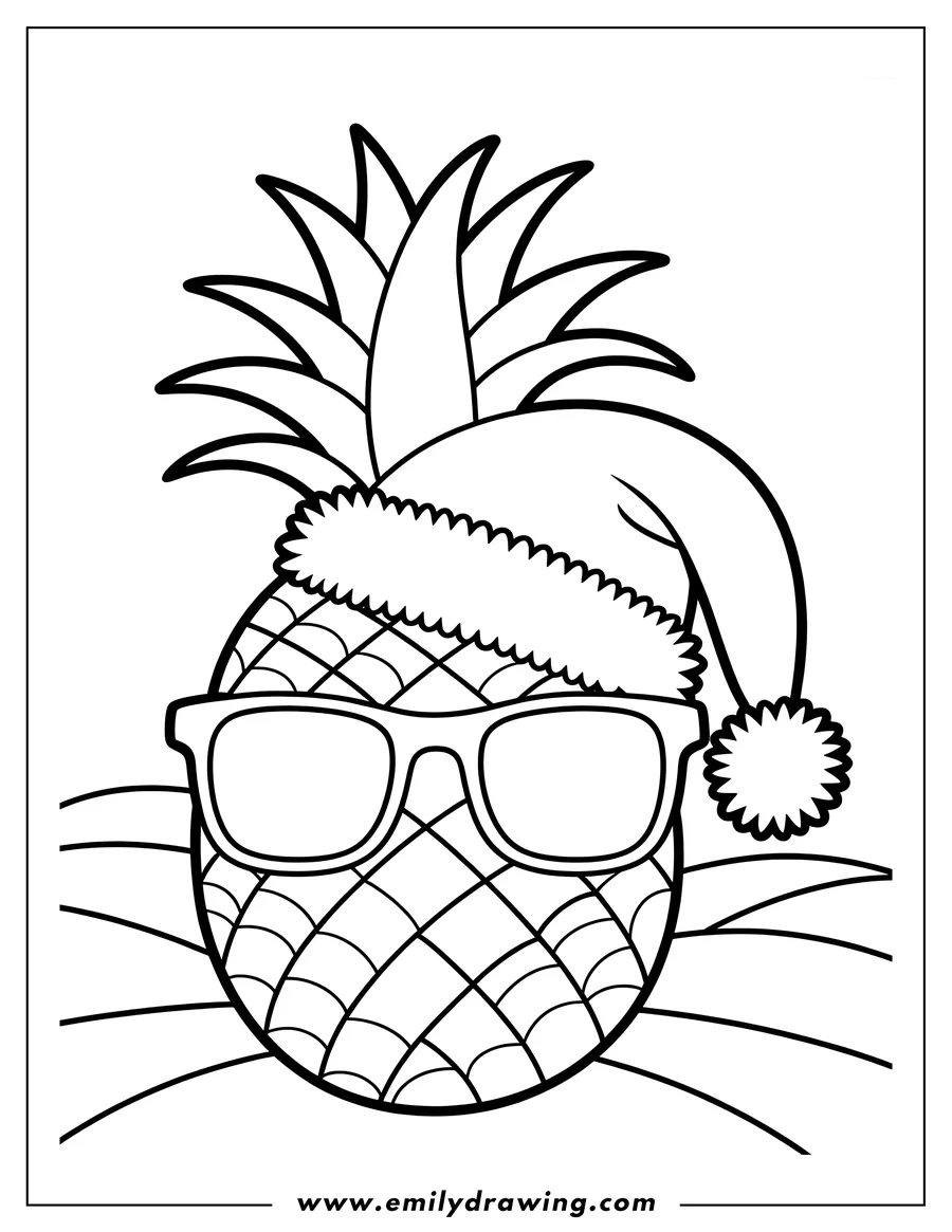 Outline of a pineapple wearing a Santa Claus hat and sunglasses.  Ready to be colored!