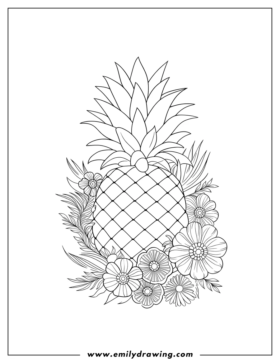 Line art of a pineapple surrounded by various flowers.