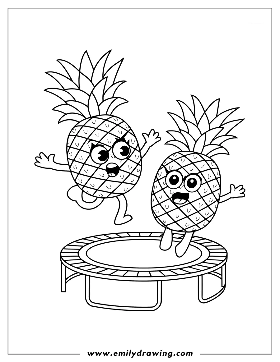 Two playful pineapples jumping and bouncing joyfully on a trampoline.  Great for kids who love fruit and fun.