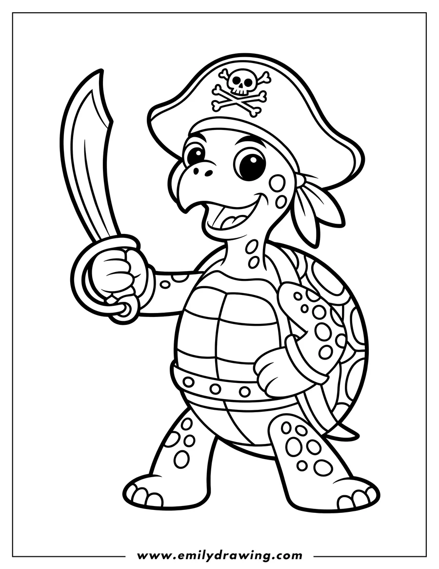 Line art of a cheerful pirate turtle holding a sword.  It's wearing a pirate hat with a skull and crossbones.
