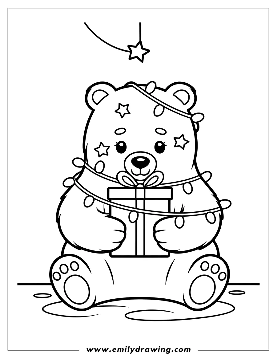 Outline of a polar bear sitting and holding a wrapped Christmas gift.  A string of lights is draped over the bear. A star hangs above.