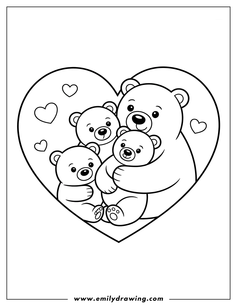 Outline of a polar bear family inside a heart shape.  The mother bear holds two cubs close. Small hearts decorate the background.