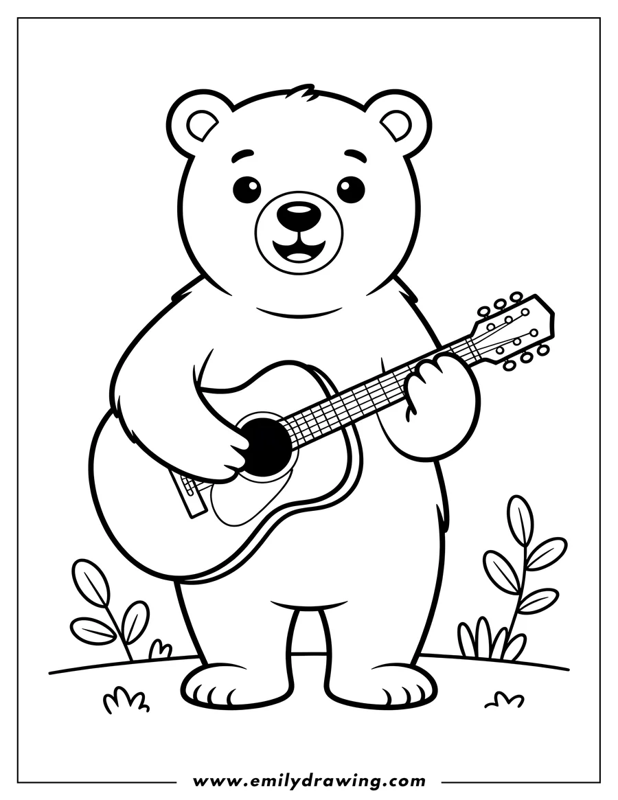 Outline of a polar bear standing and playing an acoustic guitar.  Small plants grow at its feet.