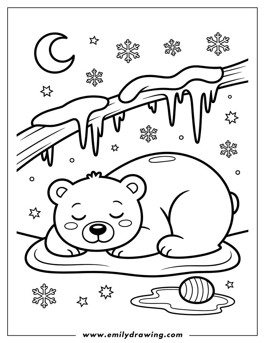 Outline of a polar bear sleeping peacefully near icicles hanging from a snowy branch.  Snowflakes and a crescent moon decorate the night sky.