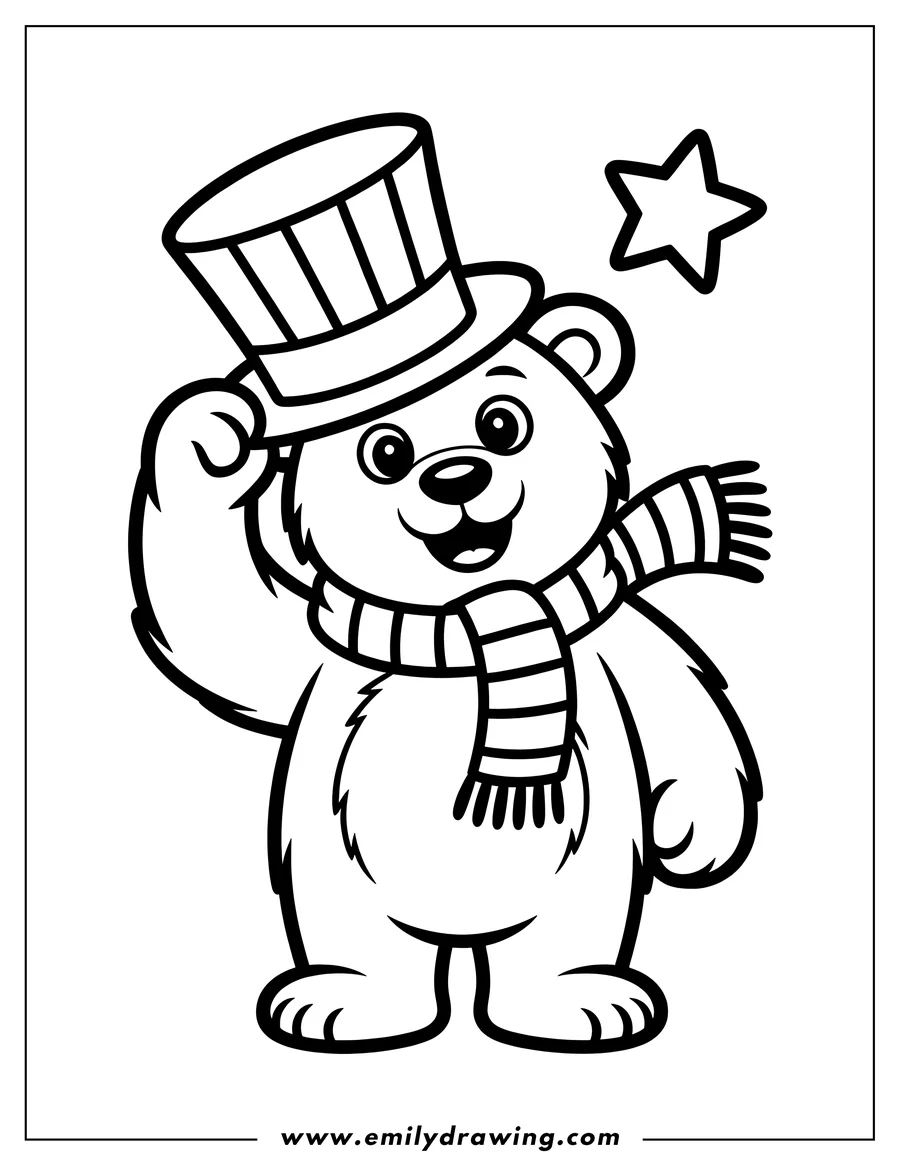 Line art of a polar bear wearing a striped top hat and a striped scarf.  The bear is tipping its hat. There is a star near the hat.