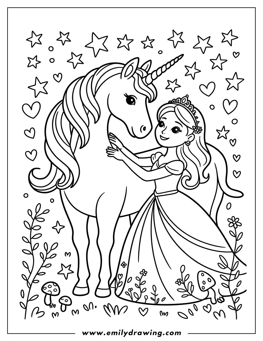 Outline of a princess hugging a unicorn. They are surrounded by hearts, stars, flowers, mushrooms, and leaves.