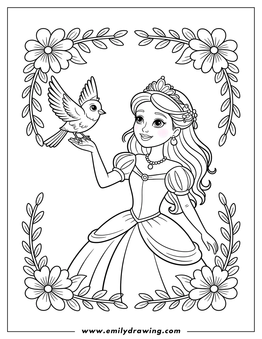 Line art of a princess holding a small bird. She wears a crown and a long gown.  A floral border surrounds them.