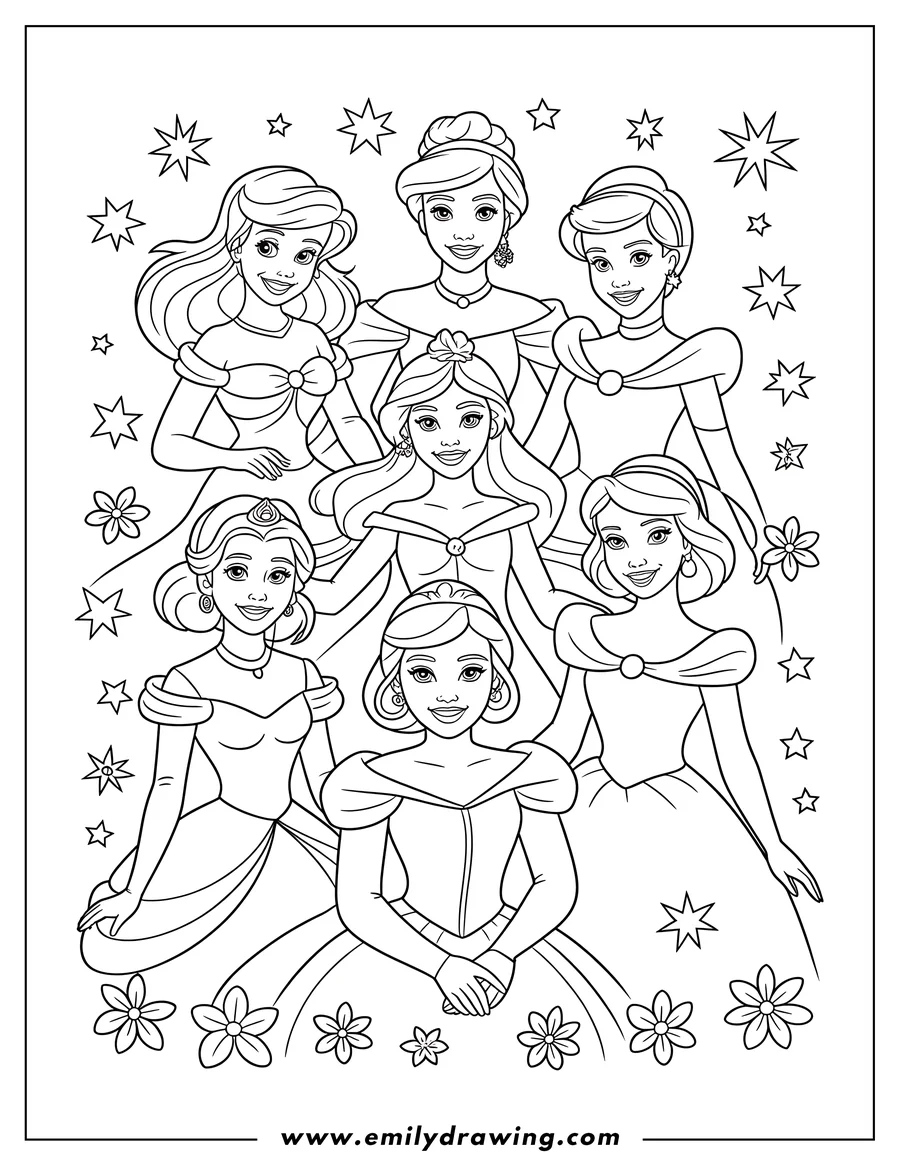 Group of six princesses in elegant dresses.