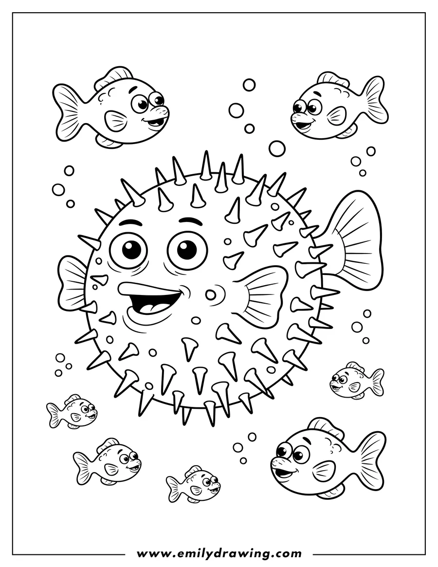 Outline of a pufferfish surrounded by smaller fish. Bubbles float around them, suggesting an underwater scene.