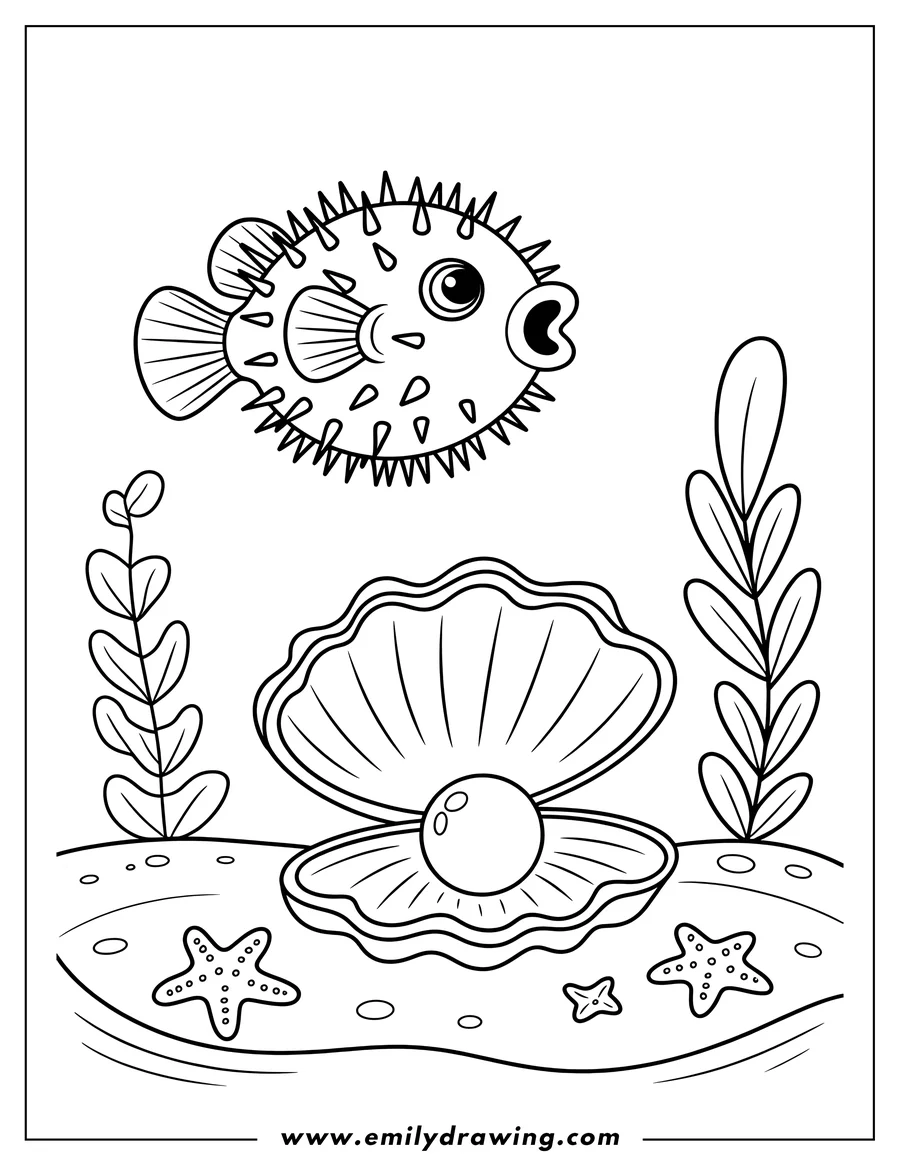 Outline of a pufferfish swimming over an open clam shell with a pearl inside.  Two starfish and seabed details are included.