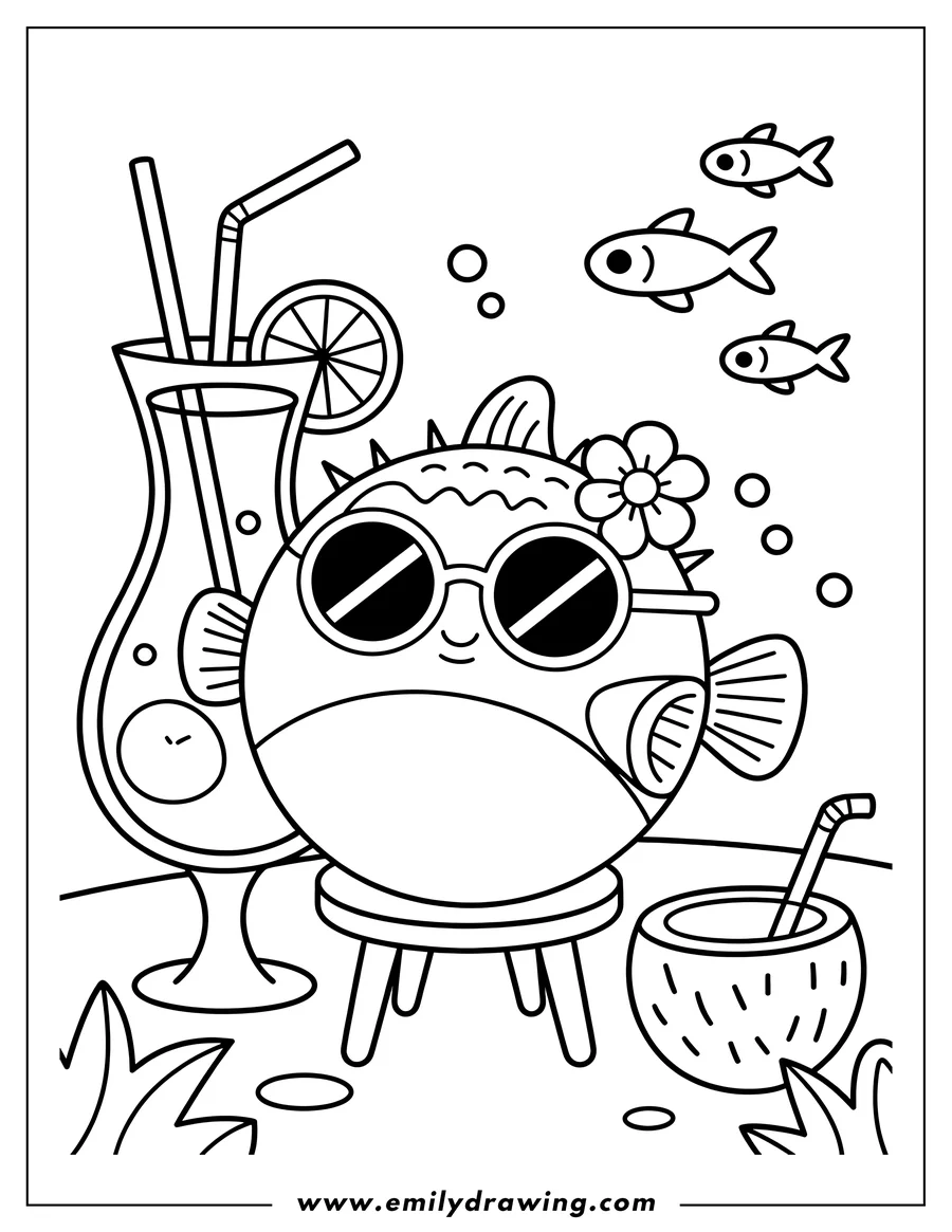 Outline of a pufferfish wearing sunglasses and sitting on a small stool, with a coconut drink and a larger beverage nearby.  Three small fish swim in the background.