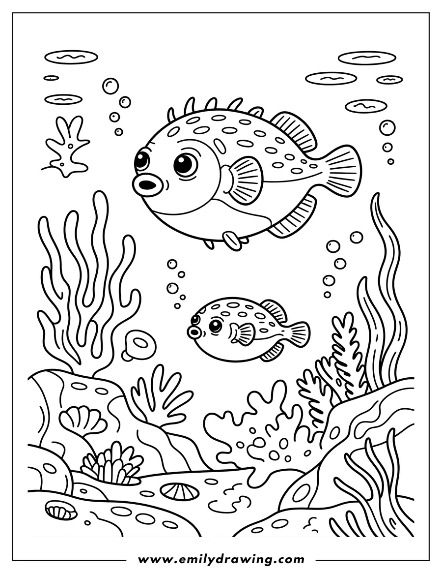 Two pufferfish swimming underwater amongst seaweed and coral.  Perfect for a splash of color!