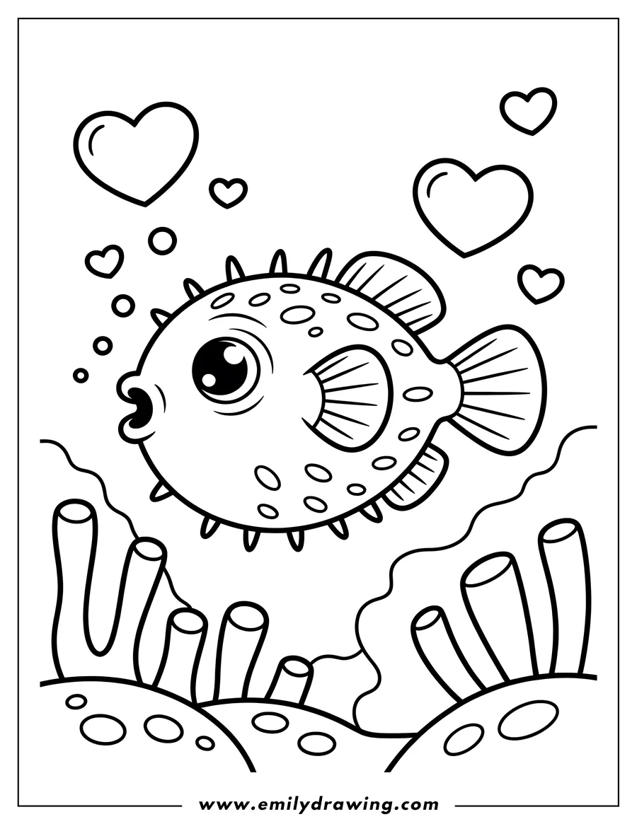 Outline of a pufferfish swimming amongst hearts and coral.