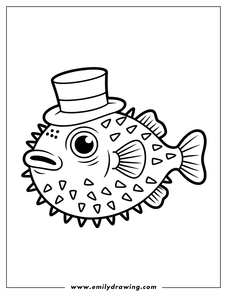 Outline of a pufferfish wearing a striped top hat.  It has a spiky body and a large eye.