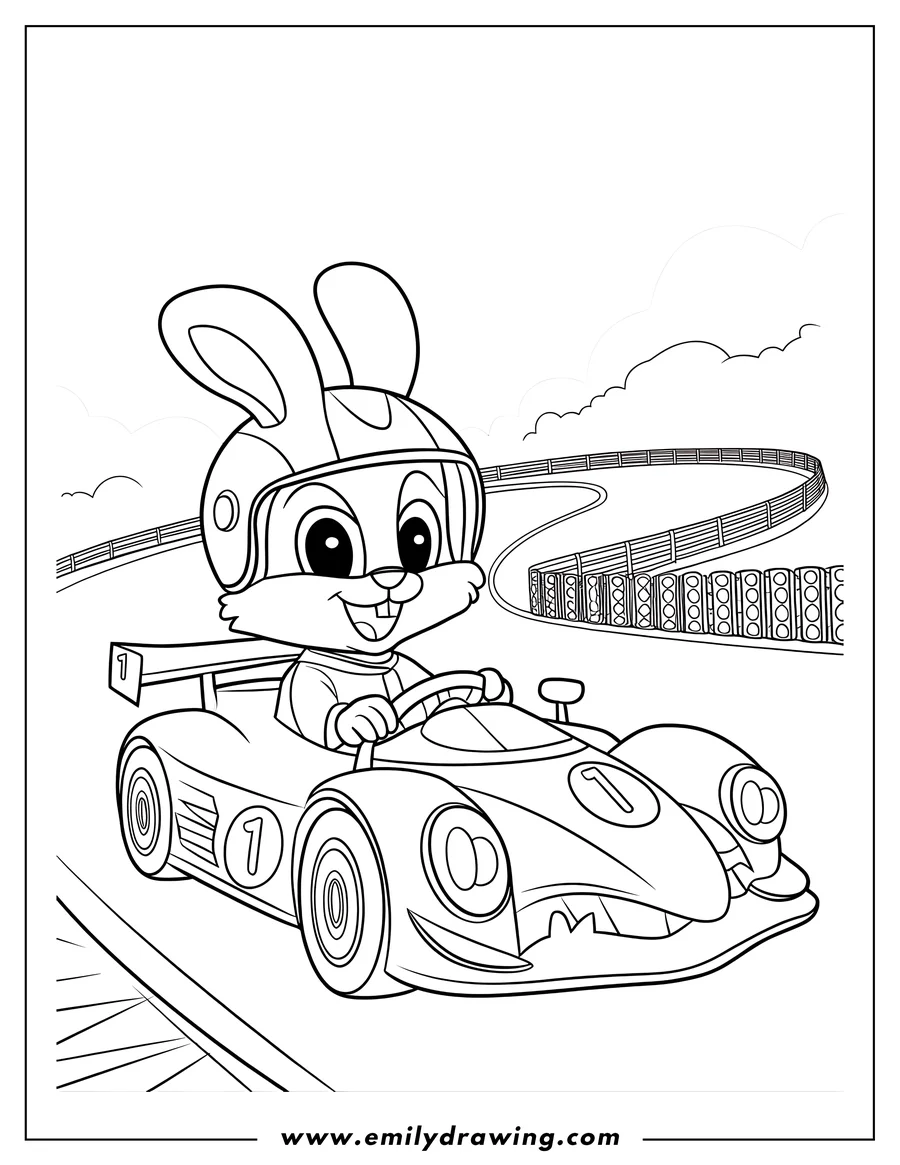 Outline of a rabbit wearing a helmet driving a racing car on a track.