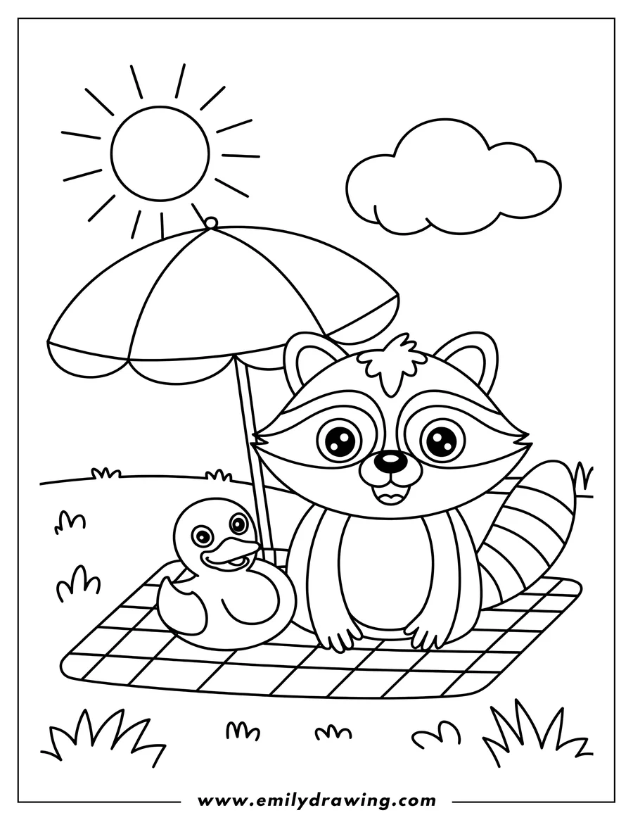 Outline of a raccoon and a duck sitting on a picnic blanket under a beach umbrella. The sun is shining and there's a cloud in the sky. It appears to be a happy, outdoor scene.