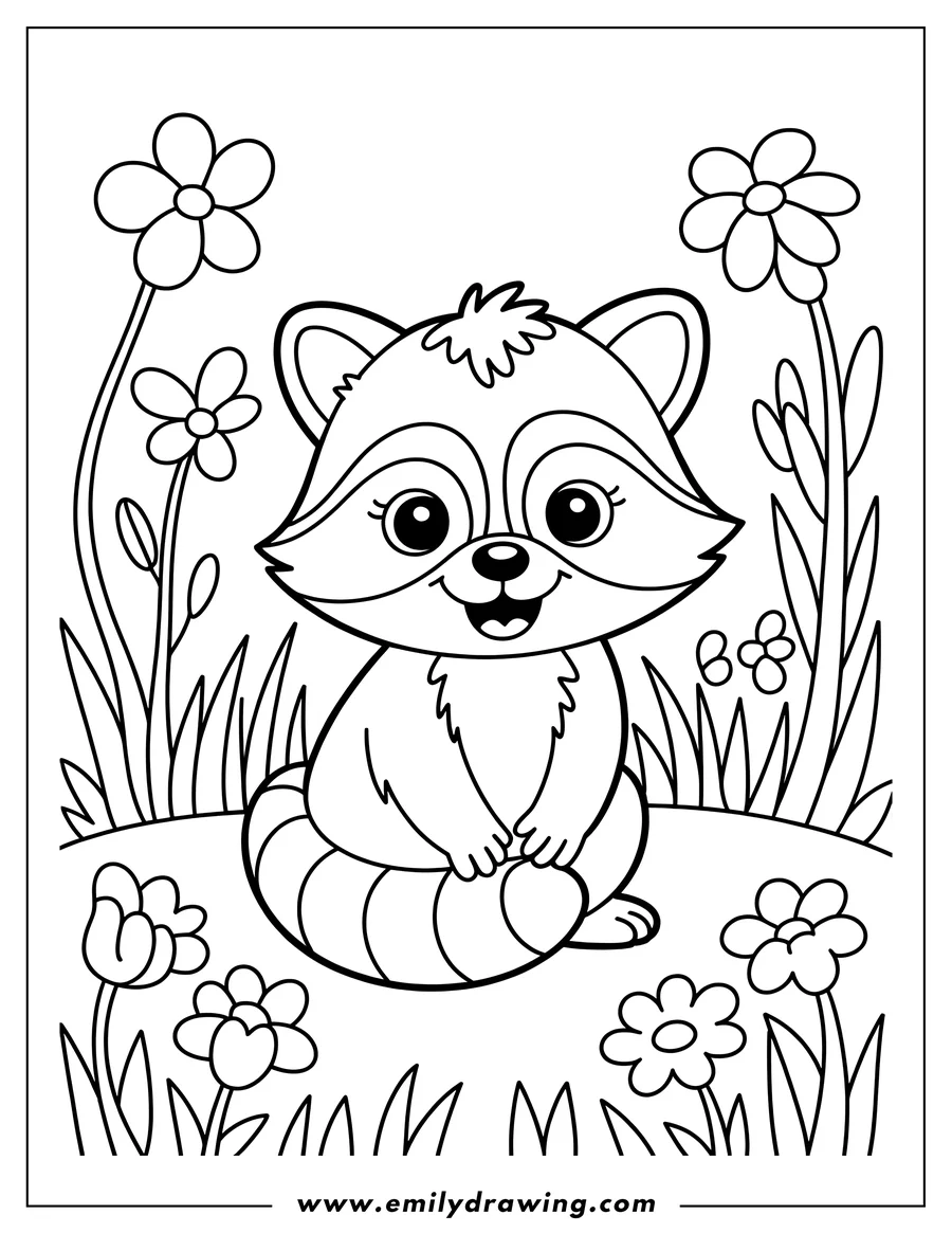 Outline of a cute raccoon sitting in a flower patch.