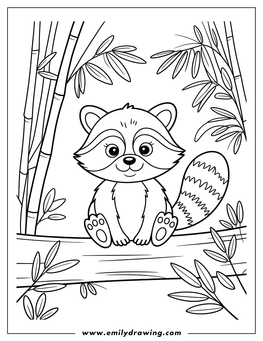 Outline of a raccoon sitting on a branch with bamboo leaves in the background.