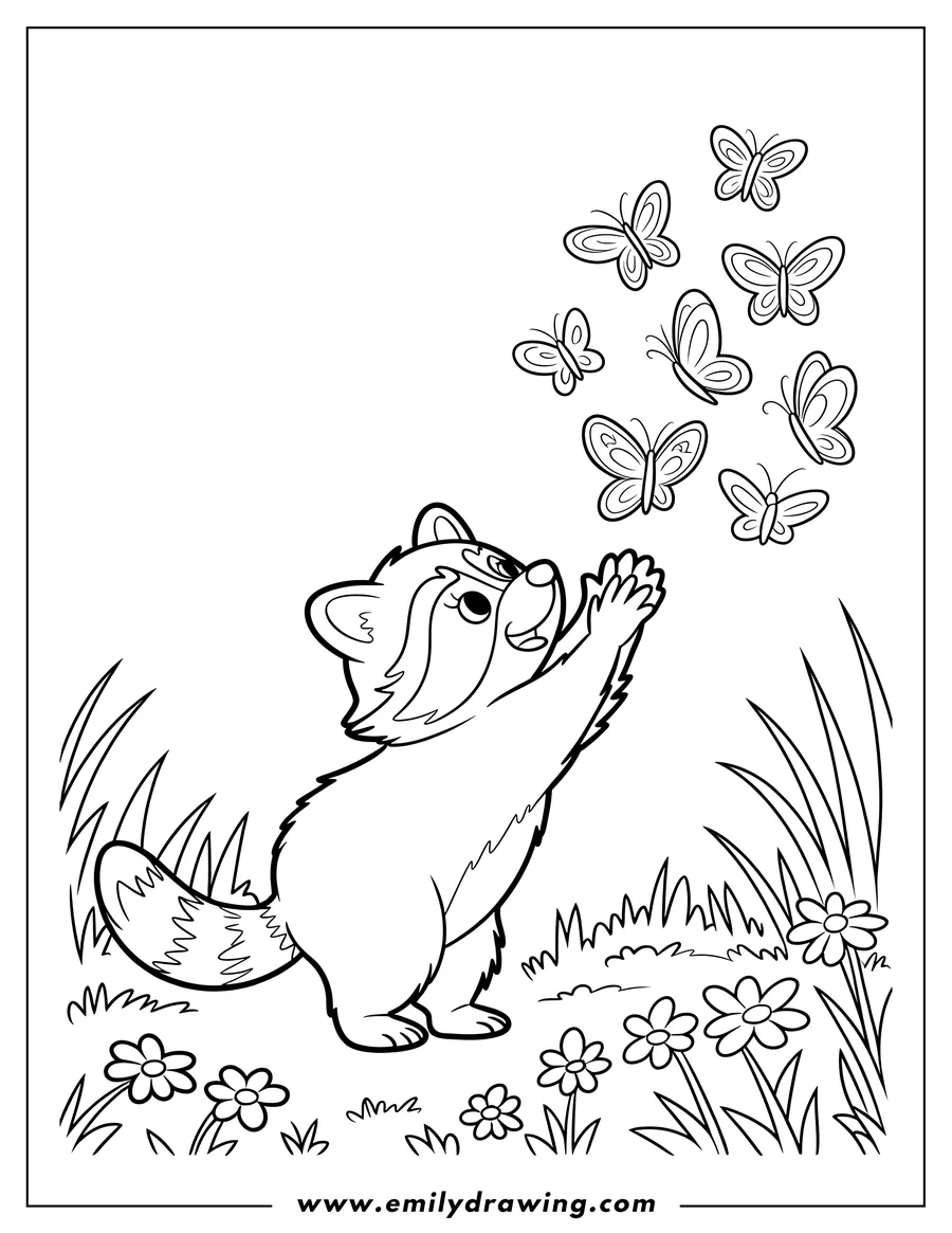 Outline of a playful raccoon reaching up to play with butterflies in a field of flowers.