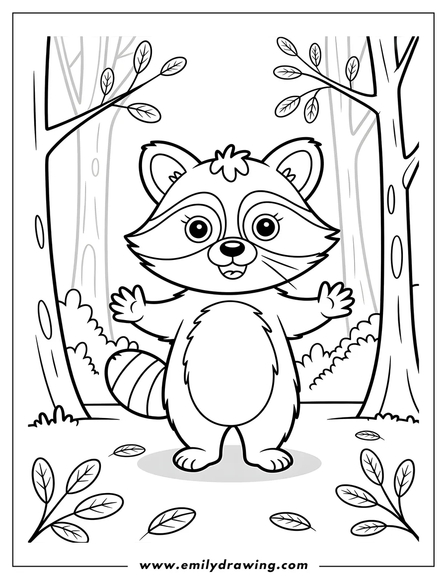Line art of a friendly raccoon waving hello in a forest setting. It has distinctive markings, including a mask-like face and striped tail.