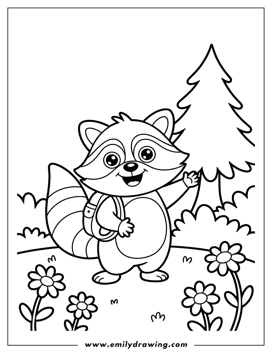 Outline of a raccoon wearing a backpack, waving near a tree in a field of flowers.