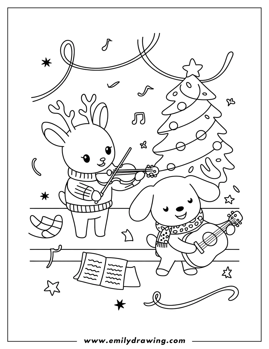Line art of a reindeer playing the violin and a dog playing guitar near a decorated Christmas tree. Musical notes float around them.
