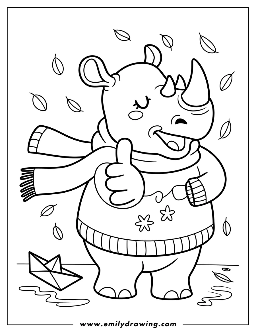 Outline of a rhino wearing a sweater and scarf, giving a thumbs-up. Falling leaves and a paper boat are nearby.