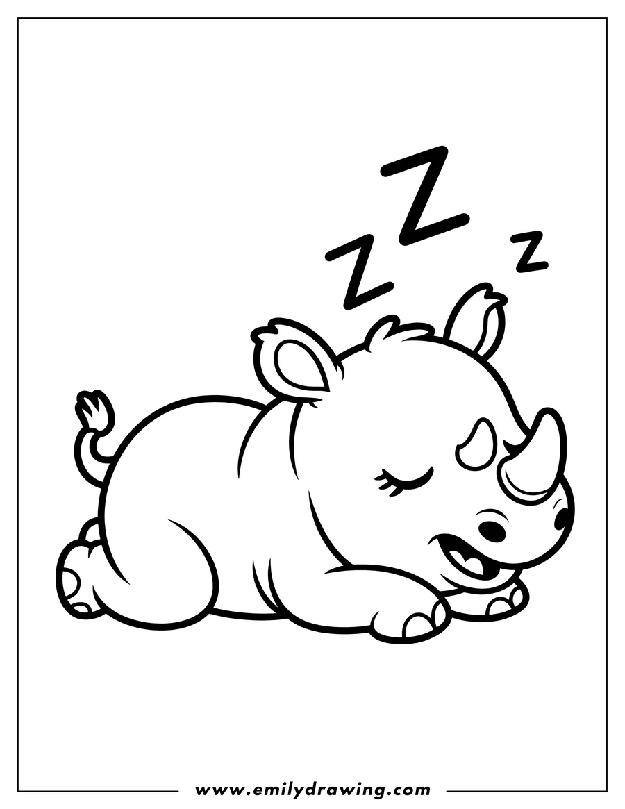 Line art of a sleeping rhino.