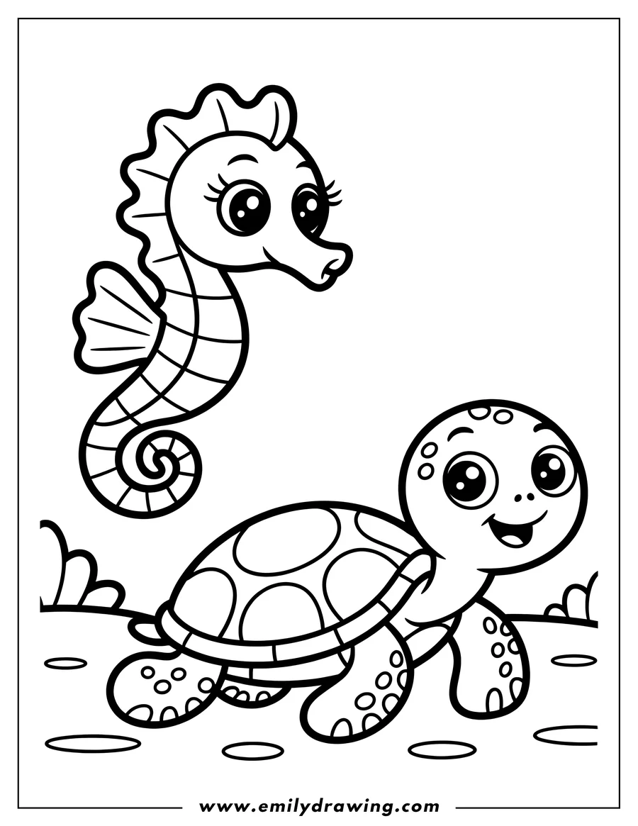 Line art of a seahorse and a turtle on the ocean floor. The seahorse floats above, and the turtle walks below on the seabed.