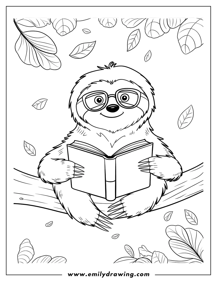 Outline of a sloth with glasses reading a book while sitting on a tree branch, with leaves falling around it.