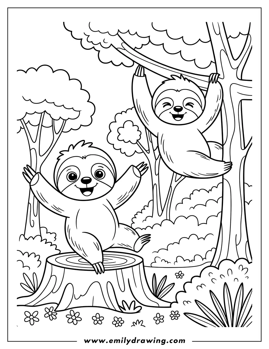 Two playful sloths in a jungle setting. One sloth hangs from a tree branch, while the other stands on a tree stump.