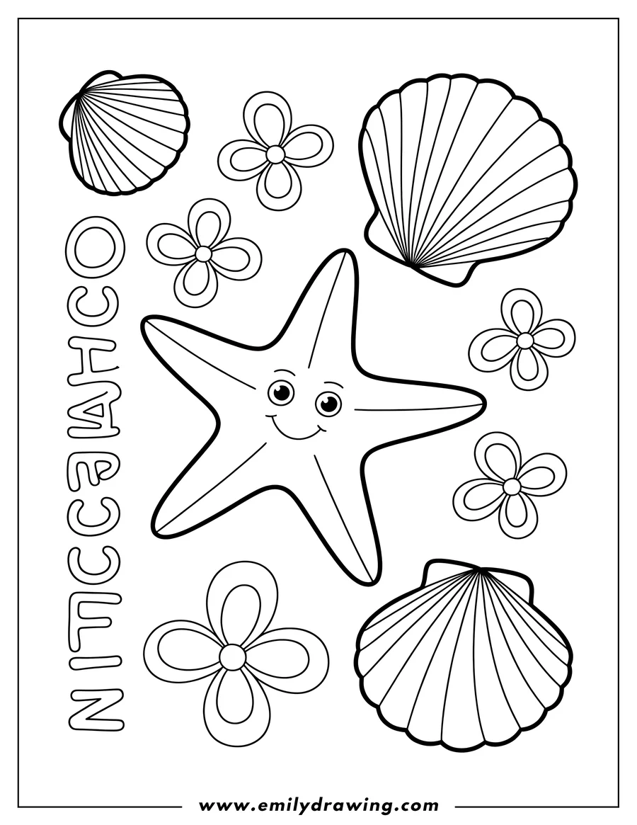 Line art of a smiling starfish surrounded by seashells and simple flowers.