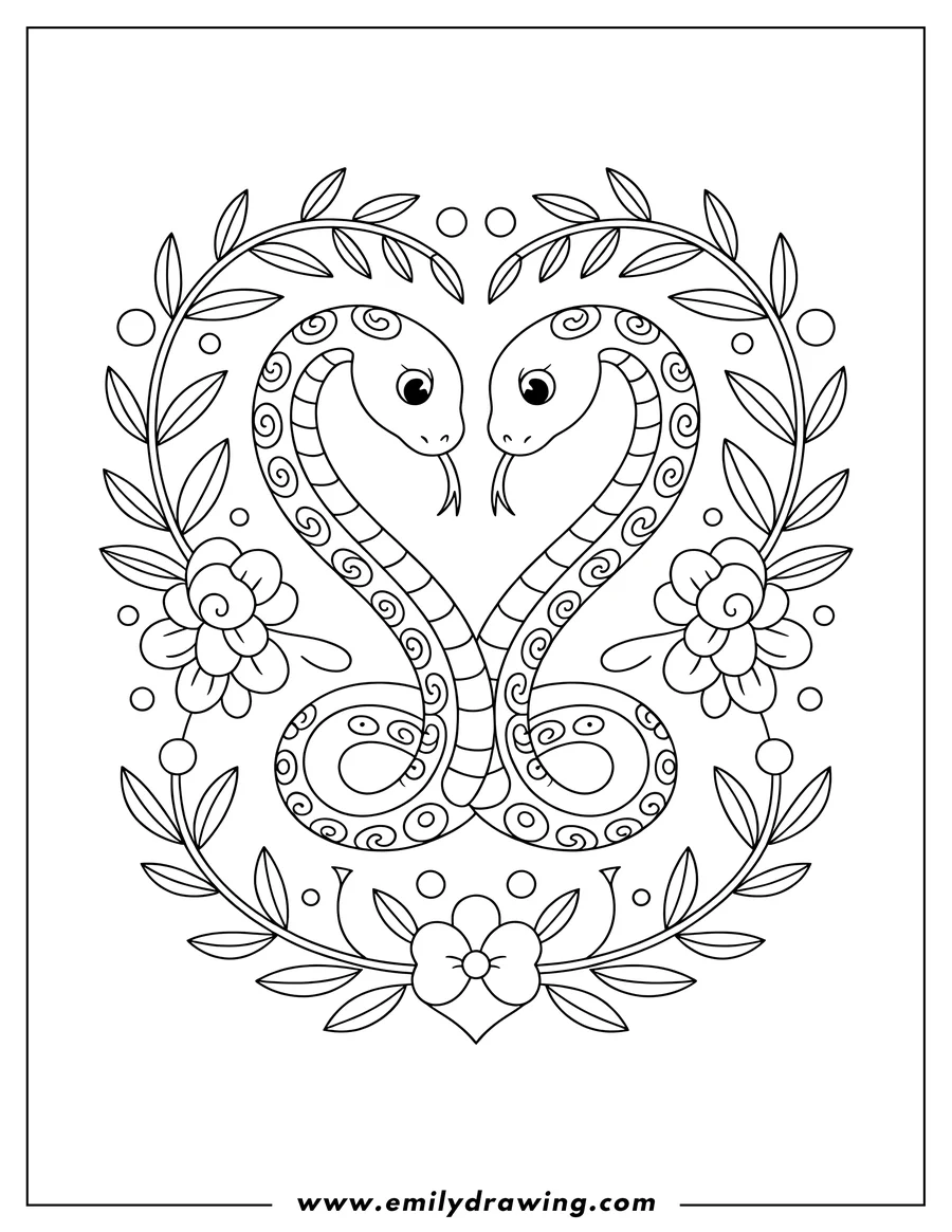Two snakes forming a heart shape with their bodies, surrounded by a leafy wreath and flowers.