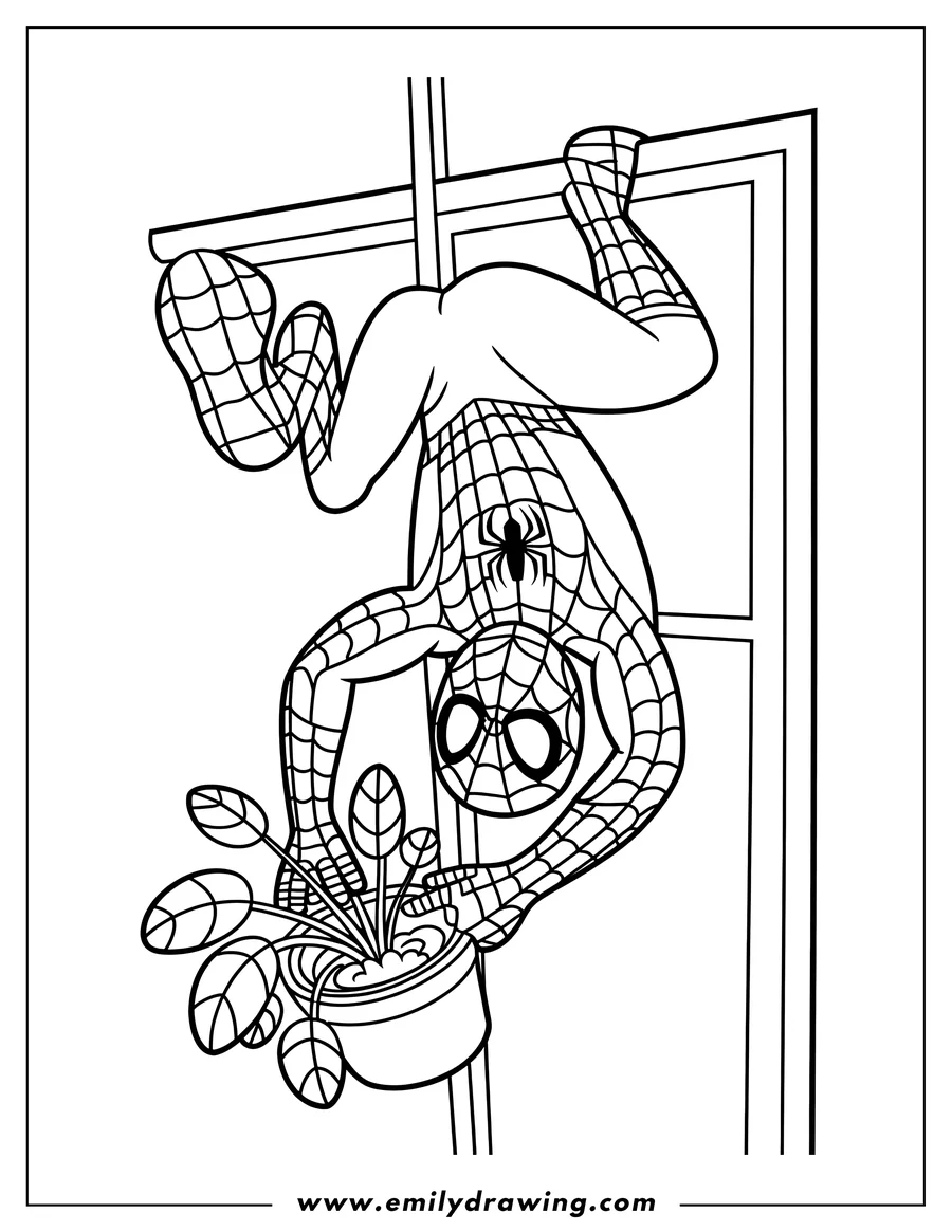 Line art of Spider-Man hanging upside down near a window, reaching towards a potted plant.