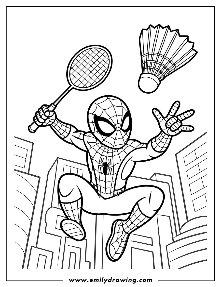 Line art of Spider-Man playing badminton above the city. He holds a racket and reaches for the birdie.
