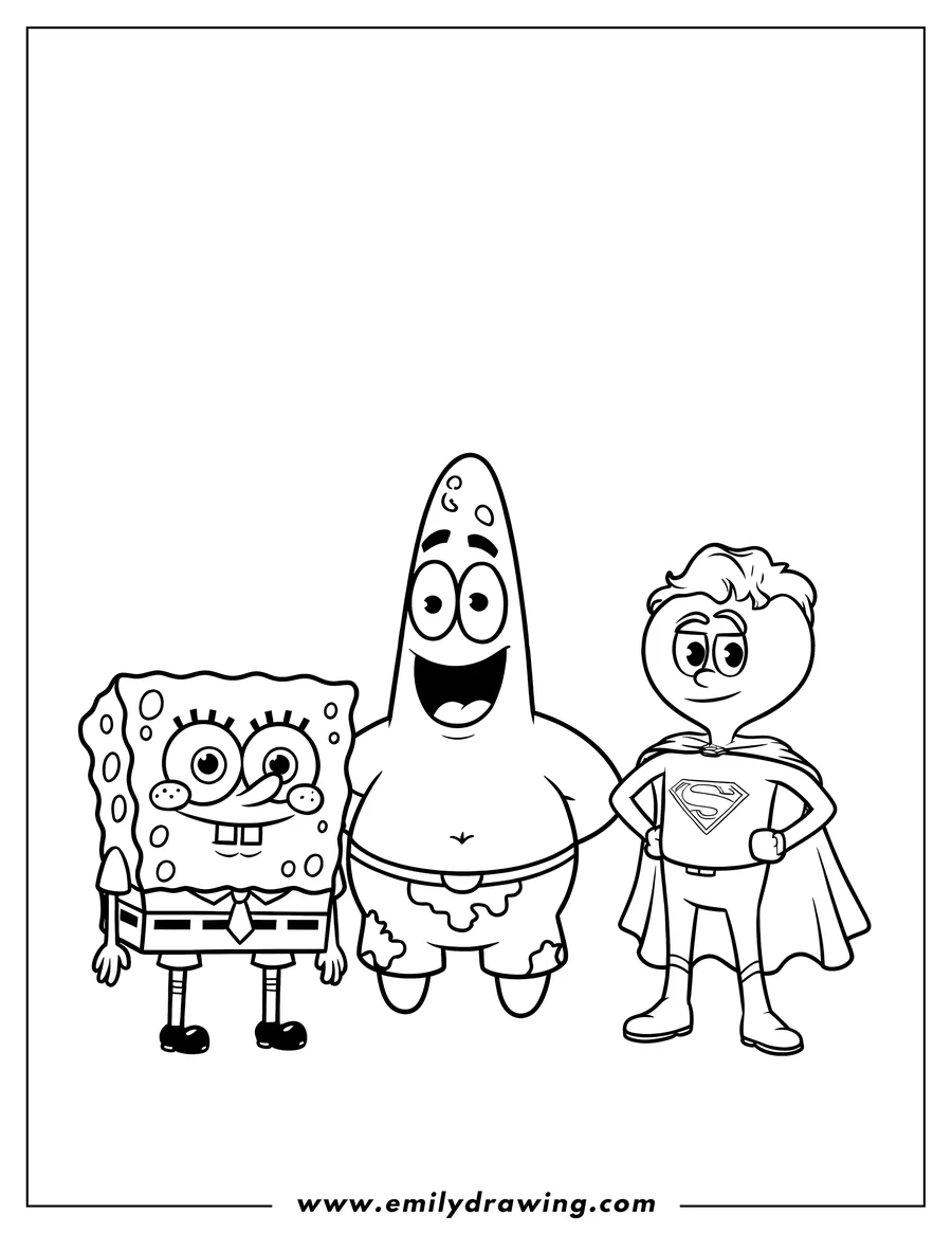 Line art of Spongebob Squarepants, Patrick Star, and Mermaid Man standing together.