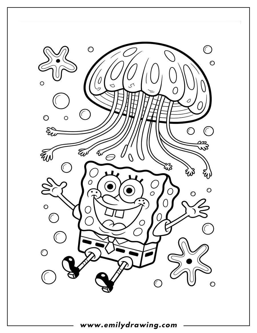 Line art of Spongebob Squarepants floating happily near a large jellyfish, surrounded by bubbles.