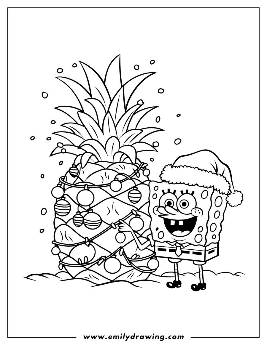 Line art of Spongebob Squarepants wearing a Santa hat, decorating a pineapple with Christmas lights.  It appears to be snowing.