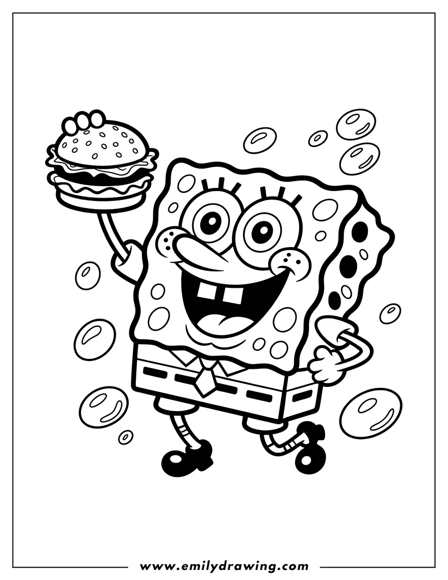 Line art of Spongebob Squarepants holding a Krabby Patty, surrounded by bubbles.