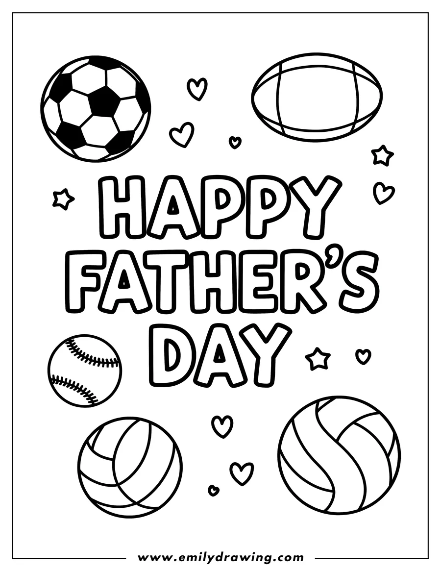 Line art of various sports balls surrounding the words