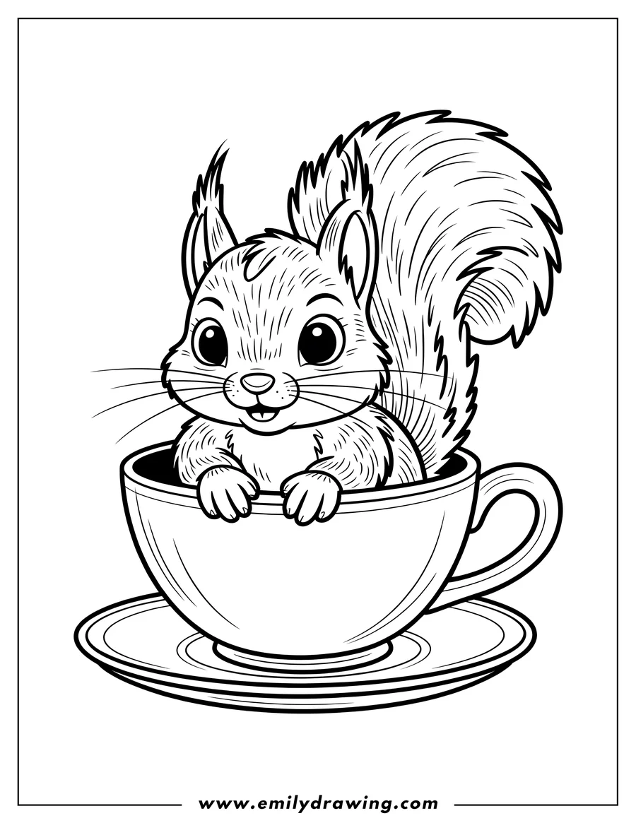 Outline of a cheerful squirrel sitting in a teacup on a saucer.